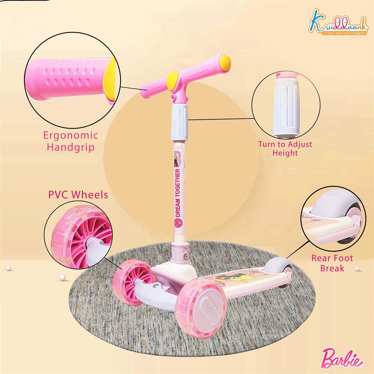 Kriiddaank Barbie Adventure Rider Kick Scooter for Kids - 3-Wheel with LED Light Up Wheels, 3-Level Adjustable Height & Easy Fold Design, Pink Skate Scooter for Girls Ages 3-12 Years (Up to 25Kg)