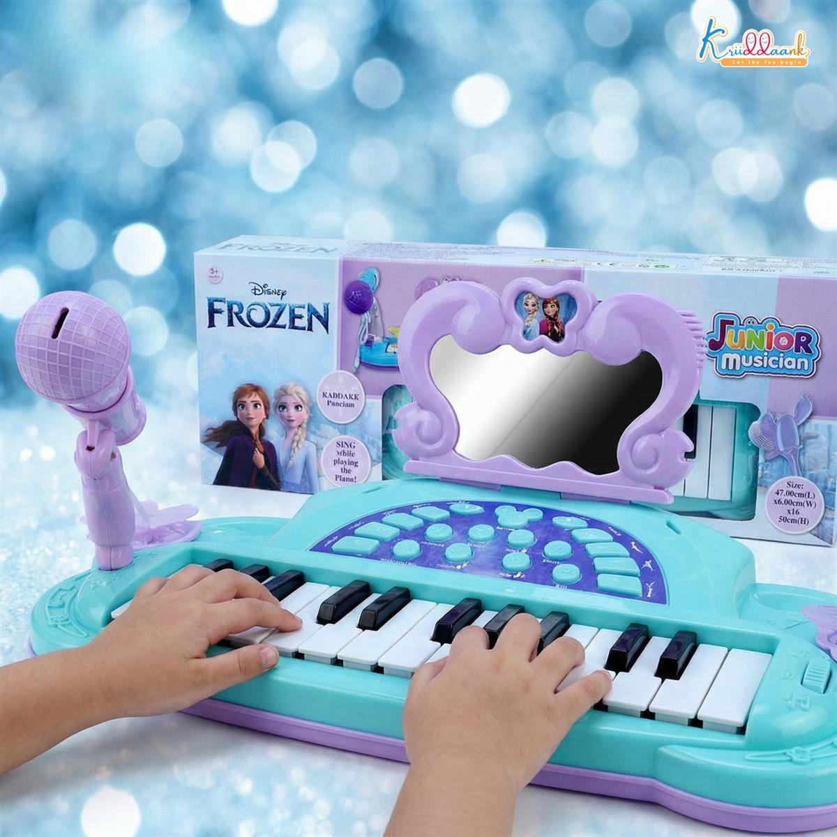 Frozen Junior Musician Elsa-Anna Music Set - Kids Piano with Microphone, Karaoke Function, 25 Songs & 5 Percussion Instruments, Dual Power (USB/Battery), Educational Toy for Girls Ages 3+, Blue
