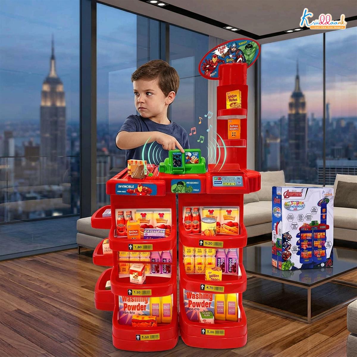 Marvel Avengers Supermarket Play Set for Kids - Electronic Cash Register with Sound, Checkout Counter, Shopping Cart & 20 Accessories | Realistic Grocery Role Play Toy for Kids Ages 5+