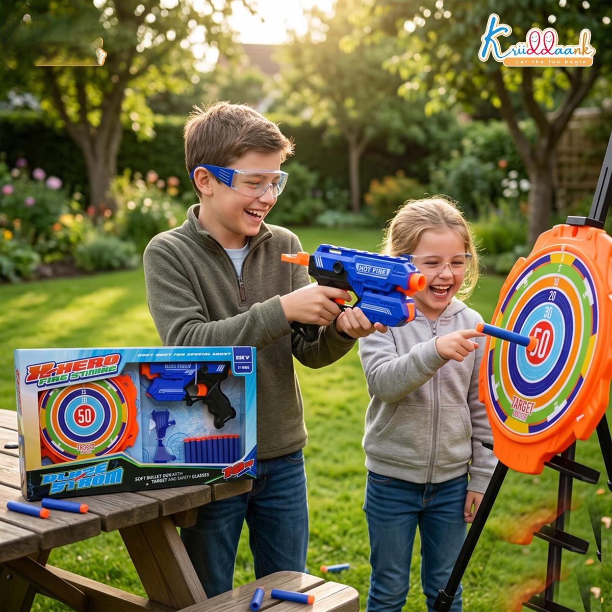Kriiddaank X Hero Soft Bullet Blaster Gun Toy for Kids with 10 Foam Darts, Target Board, and Safety Glasses | Long Range Single-Shot Shooting Playset | Ideal Gift for Boys & Girls 3+ Years