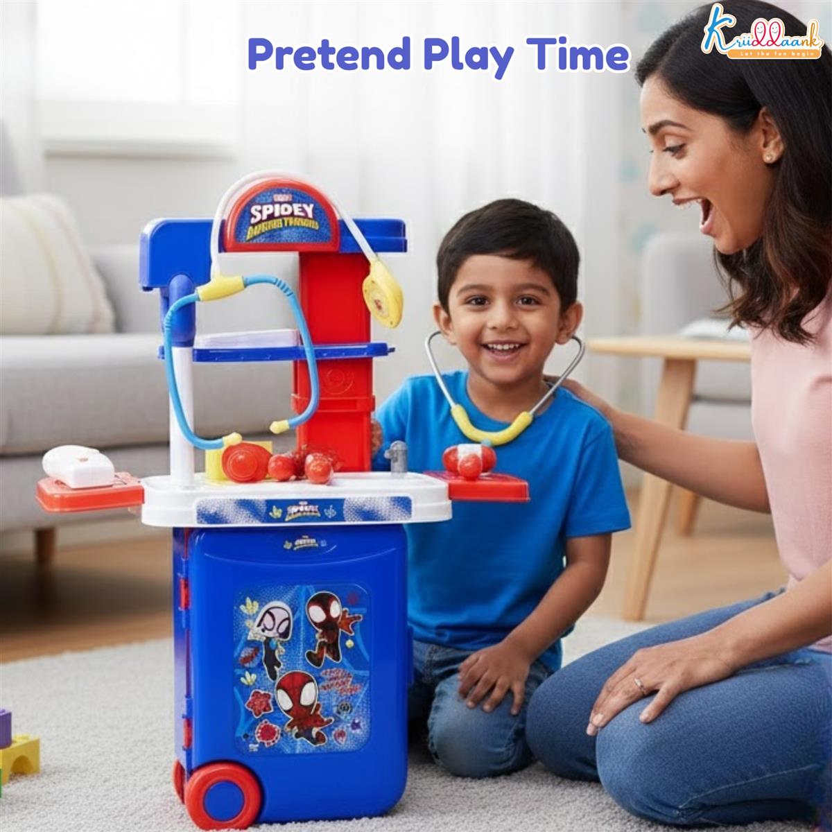 Kriiddaank Spiderman Theme Doctor Set for Kids - 9 Pcs Medical Equipment Trolley with Lights, Spidey-Inspired Role Play Toy, Heroic Doctor Kit for Boys & Girls 3+ Years, Portable Educational Playset
