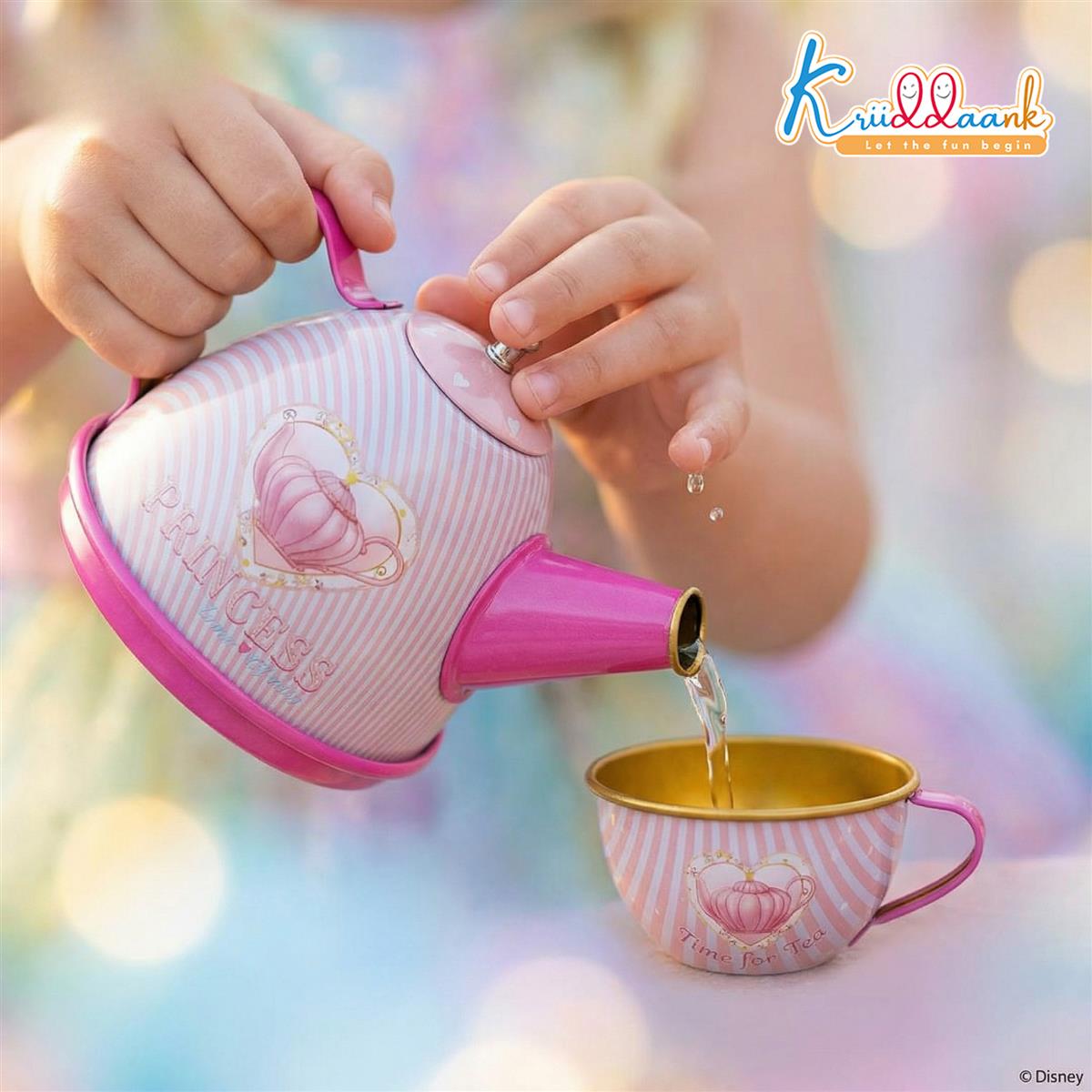 Disney Princess 14-Piece Tin Tea Set for Girls - Portable Fantasy Tea Party Set with Teapot & Cups - Safe & Durable Metal Pretend Play Toy for Kids Ages 3+ (Pink)