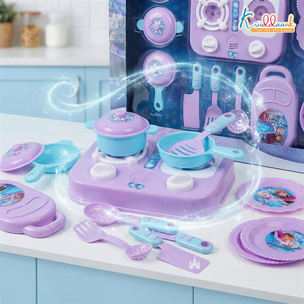 Kriiddaank Frozen Little Chef Kitchen Set for Kids - 16 Pcs Pretend Play Cooking & Baking Toy with Lights & Music, Portable Kitchen Playset for Toddlers & Girls Age 3+ Years (Multicolor)