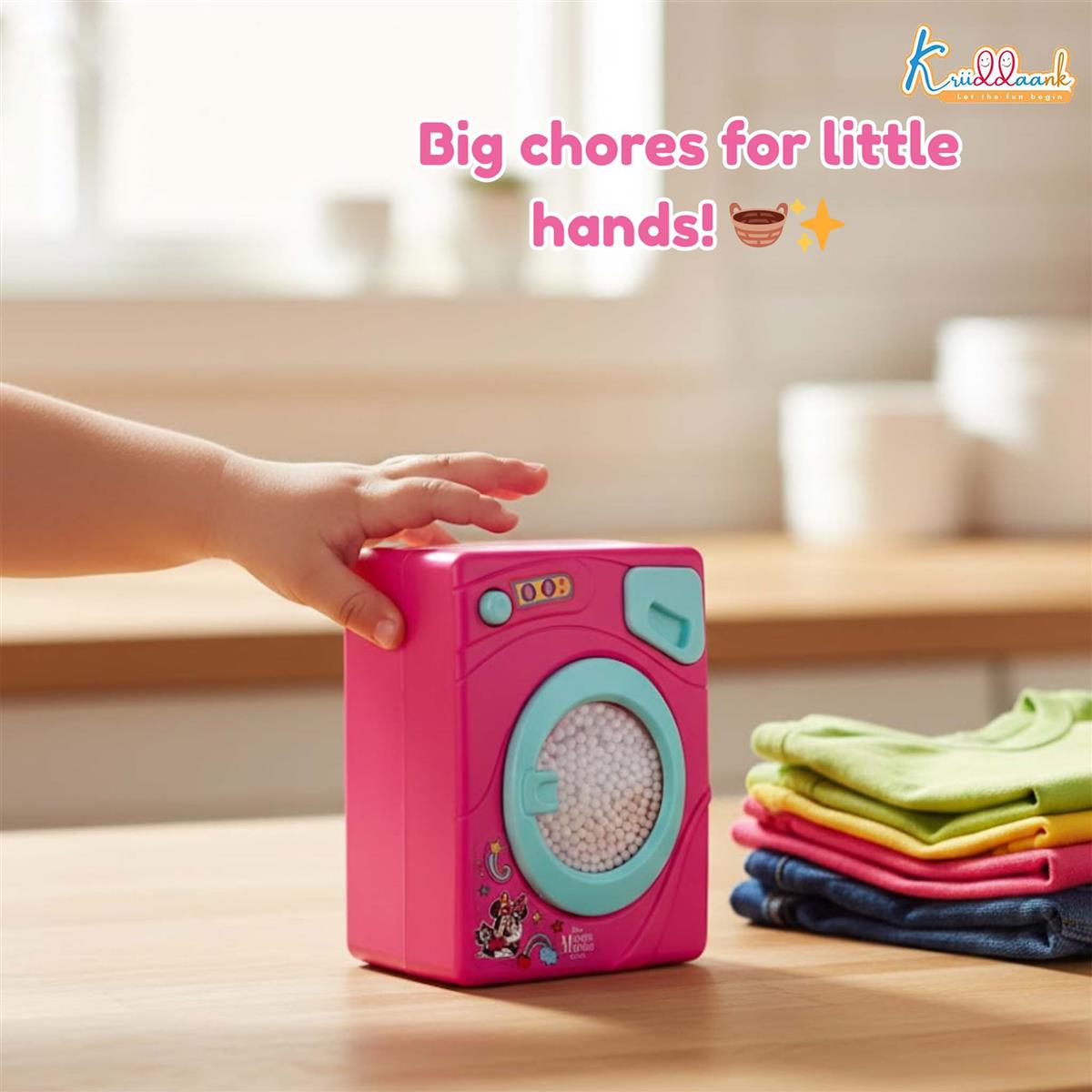 Minnie Theme Interactive Family Washing Machine Toy for Toddlers - Pink Mini Laundry Appliance with Light & Sounds, Educational Pretend Play Gift for Kids Aged 3+ Years
