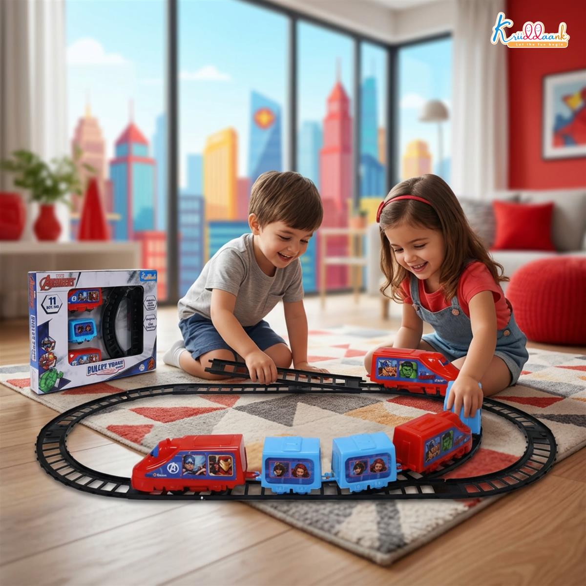 Kriiddaank Marvel Avengers Bullet Train Set for Kids - 11 Pcs Interactive Playset with Iron Man & Captain America, Battery Operated Toy with Sounds & Easy-to-Assemble Tracks, Age 3+