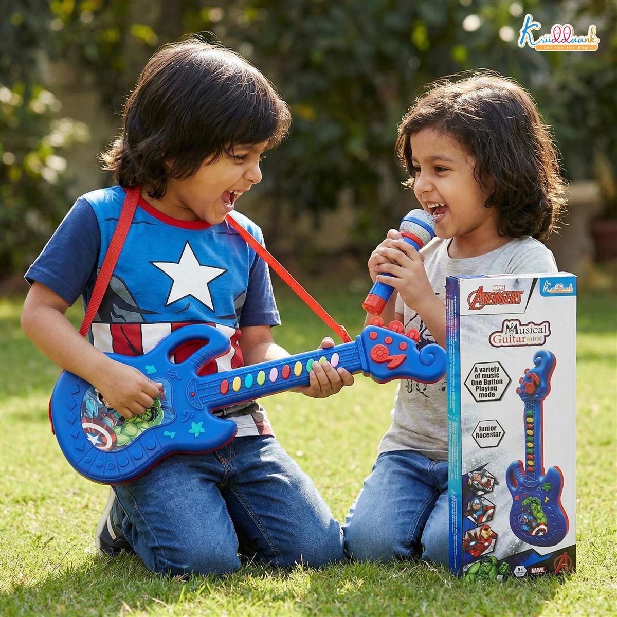 Marvel Avengers Theme Musical Guitar for Kids - Superhero Electric Toy with Lights & Sound, Battery Operated Junior Rockstar Guitar, Red Musical Instrument for Boys & Girls Age 3+ Years