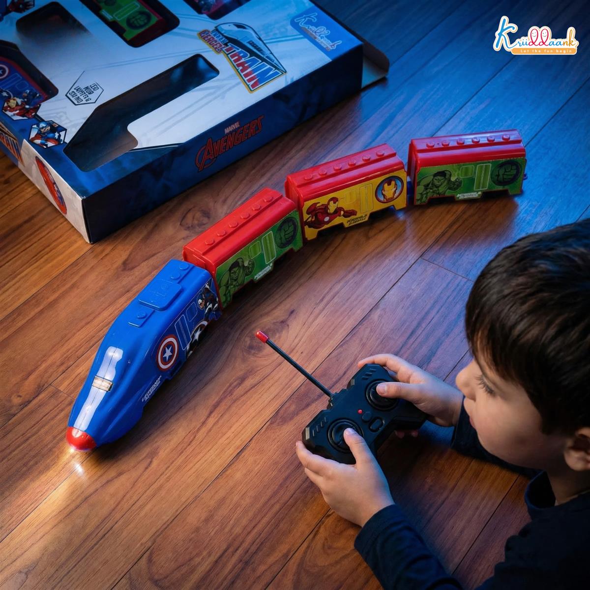 Kriiddaank Avengers Theme RC Train Toy for Kids - Rechargeable Remote Control EMU Express Train with LED Lights & Sound Effects, Superhero Railway Set for Boys & Girls 3+ Years (Blue)