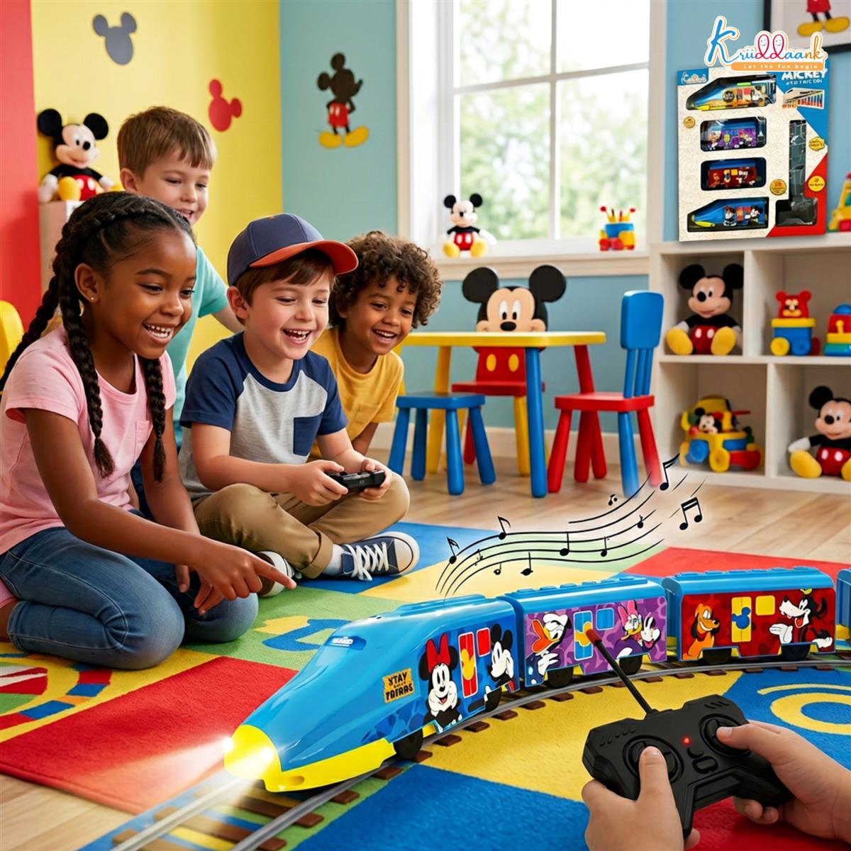 Kriiddaank Mickey Theme Remote Control Train Toy for Kids - Rechargeable EMU Express Train with LED Lights & Sounds, 4-Channel RC Railway Model, Disney Gift for Boys & Girls (Blue)