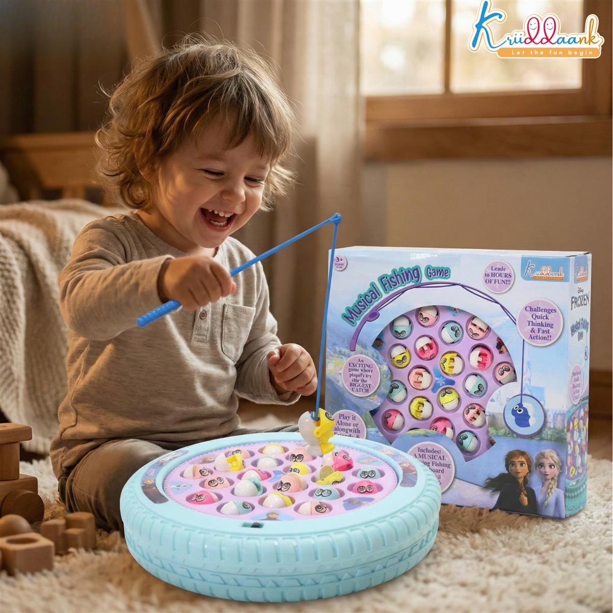 Frozen Musical Fishing Game for Kids - Battery Operated Rotating Toy with 21 Fish & 4 Fishing Poles | Educational & Interactive Learning Toy for Boys & Girls Ages 3+ | Turkish Blue