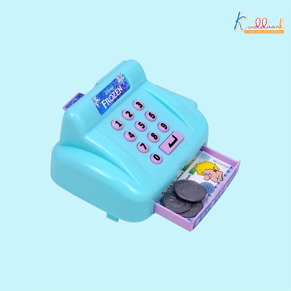 Disney Frozen Cash Register for Kids - 29 Pcs Pretend Play Set with Credit Card Scanner, Music & Sound Effects - Educational Math & Money Learning Toy for Girls & Boys 3+ Years - Turkish Blue