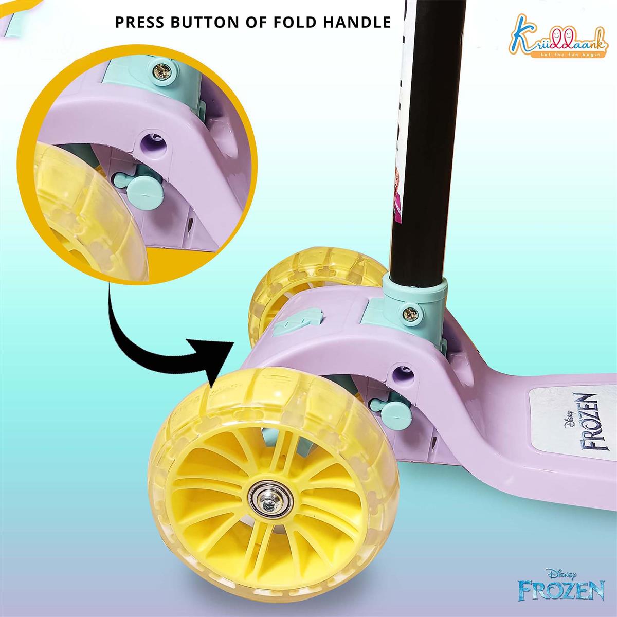 Kriiddaank Disney Frozen Adventure 3-Wheel Kick Scooter for Kids - 5-Level Adjustable Height, Easy Fold Design, Light Up PVC Wheels & Manual Brake - For Boys & Girls Ages 3-12 (Turkish Blue, 25kg)