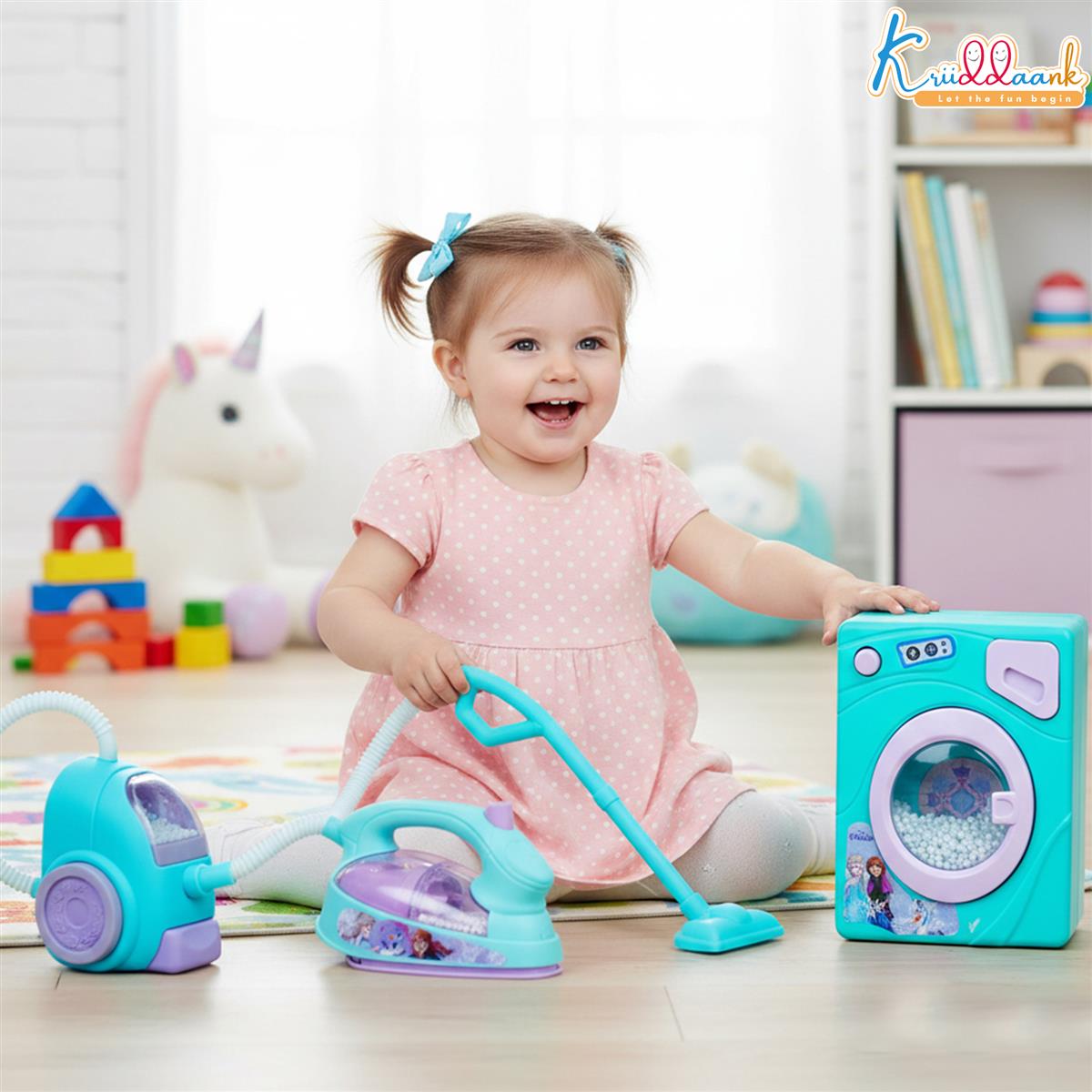 Frozen Theme Household 4pc Role Play Set - Includes Washing Machine, Vacuum Cleaner, Iron & Hair Dryer | Battery Operated Lights & Interactive Play | Non-Toxic Educational Toy for Kids 3+ Years