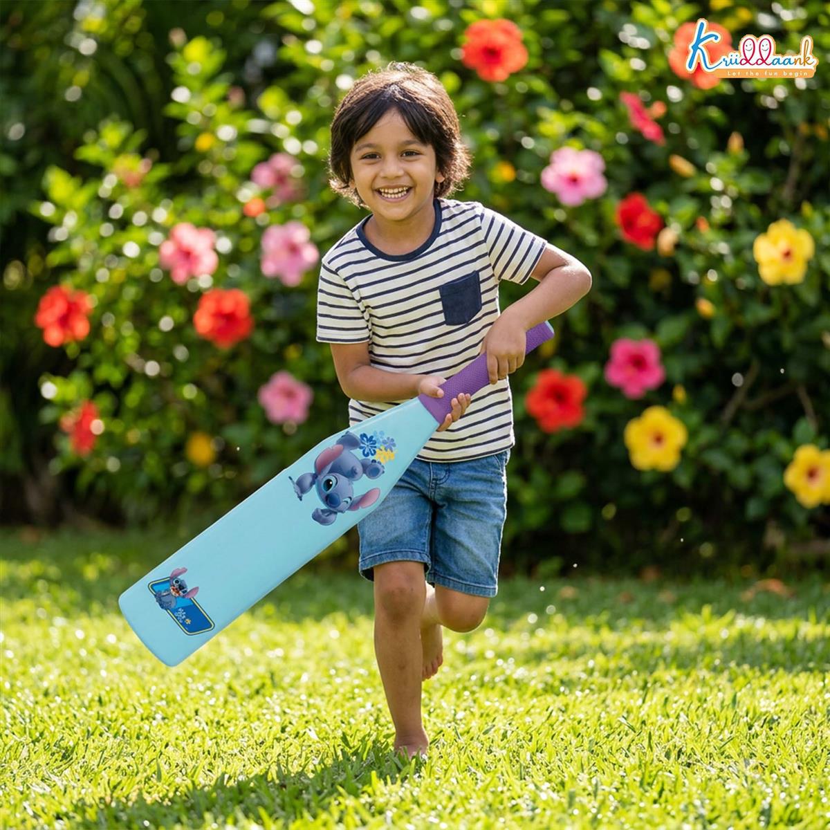 Kriiddaank Stitch Master Blaster Cricket Bat & Ball Set - Stitch Theme Lightweight Plastic Bat with Graphics for Kids, Boys & Girls Aged 3+ Years - Perfect for Indoor & Outdoor Play