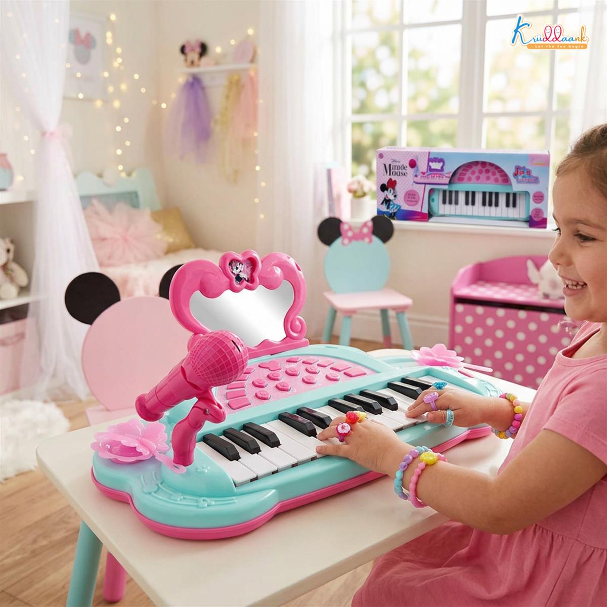 Minnie Theme Musician Music Set - 25 Key Piano with Microphone & Karaoke Function, 5 Percussion Instruments, Sound Effects & MP3 Connection, Educational Musical Toy for Girls 3+ Years, Pink