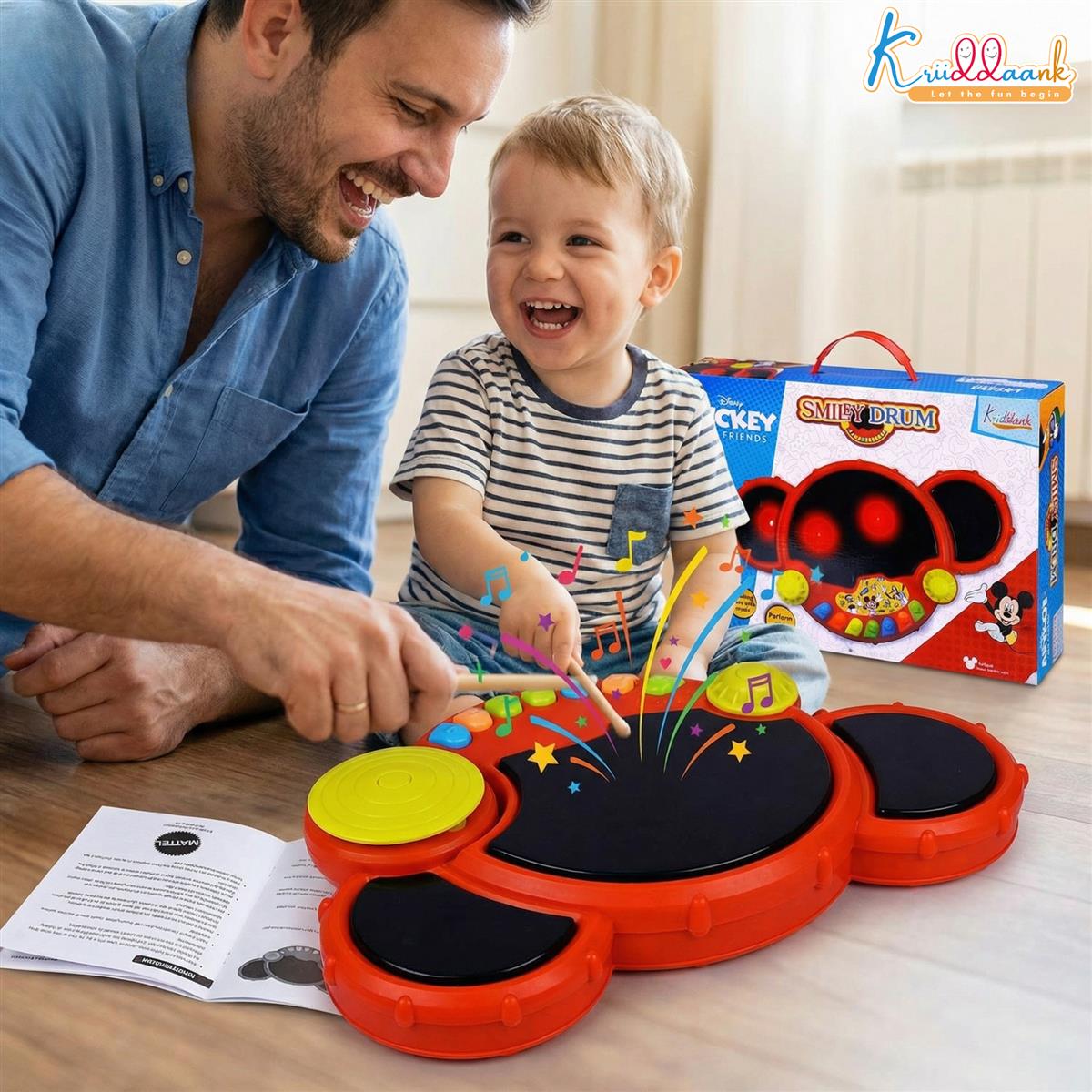 Smiley Drum Musical Toy for Kids with 3 Drum Pads, Cymbal & Flashing 3D Lights - Interactive Educational Drum Set with 2-Step Volume Control & Musical Tones - Battery Operated Toy for Boys & Girls