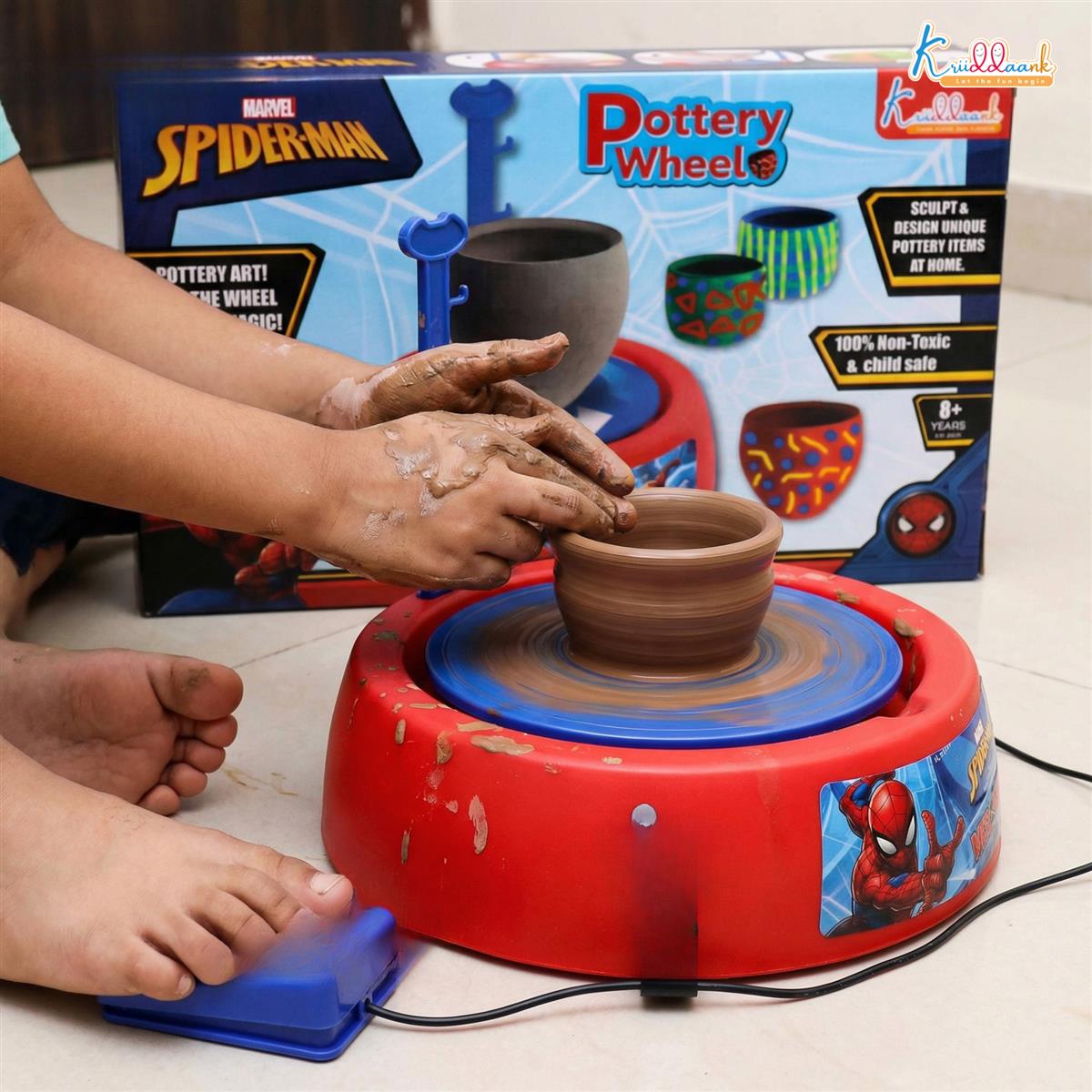 Spiderman Pottery Wheel Modeling Set for Kids - Complete Clay Sculpting, Art & Craft Kit with 800g Clay, Paints & Tools | Educational DIY Toy for Boys & Girls 8+ | Battery Operated with Music