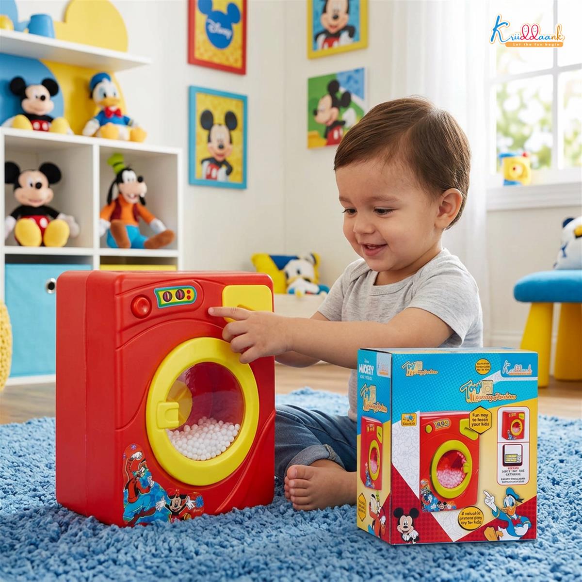 Mickey Family Interactive Mini Washing Machine Toy for Toddlers - Battery Operated Home Appliance with Realistic Sounds & Motion - Disney Mickey Pretend Play Laundry Set for Kids Ages 3+