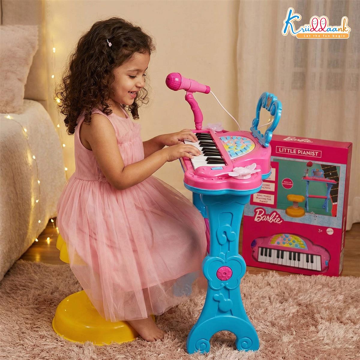 Mattel Barbie Theme Little Pianist Keyboard with Microphone & Stool - Dual Power (USB/Battery), Karaoke Mode, 25 Inbuilt Tunes - Pink Musical Toy for Girls 3+ Years