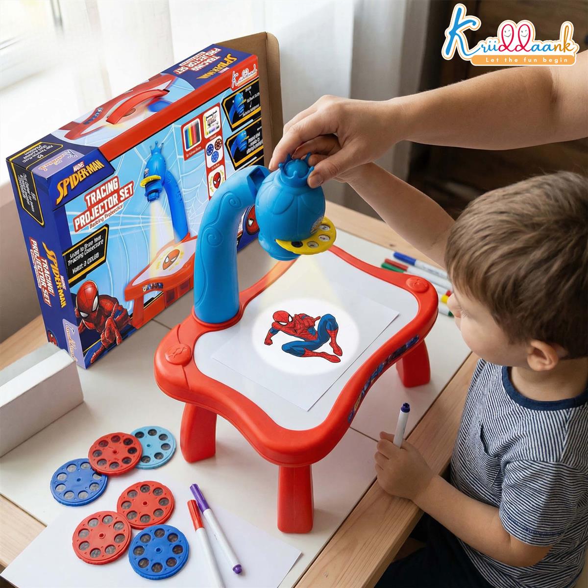 Kriiddaank Spiderman Tracing Projector Set for Kids - Art Drawing Toy with 24 Patterns, 3 Slides, Markers & Paper - Creative Educational Learning Sketching Kit for Children Ages 3+