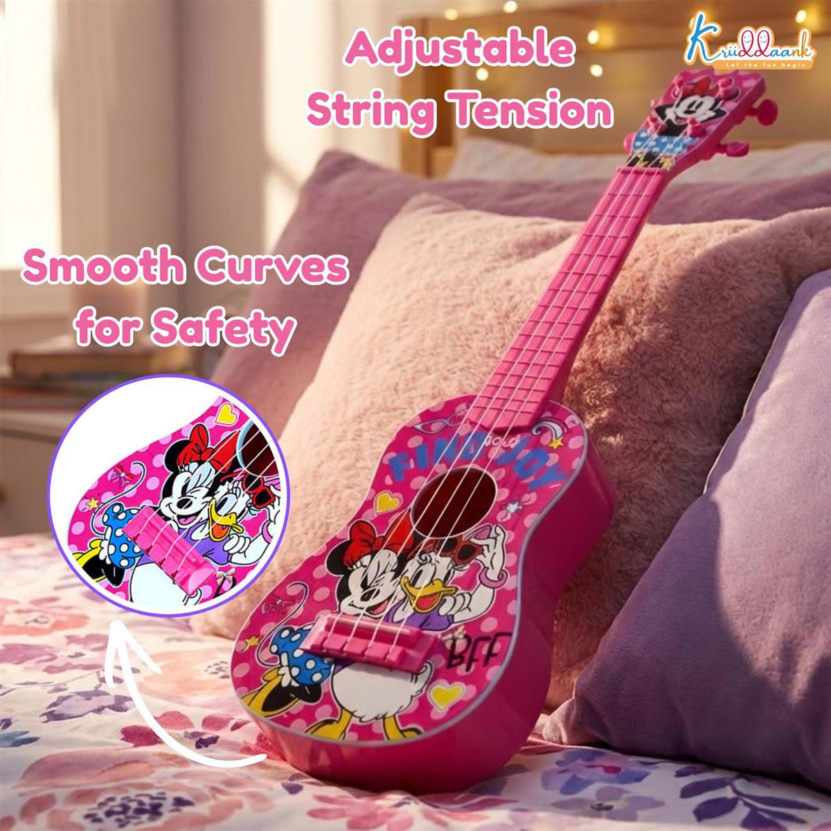 Minnie Guitar (Big) - 4-String Musical Toy for Kids with Adjustable Tension, Fingerstyle Tab & Pick - Portable Pink Guitar for Girls 3+ Years - Fun Educational Disney Themed Birthday Gift
