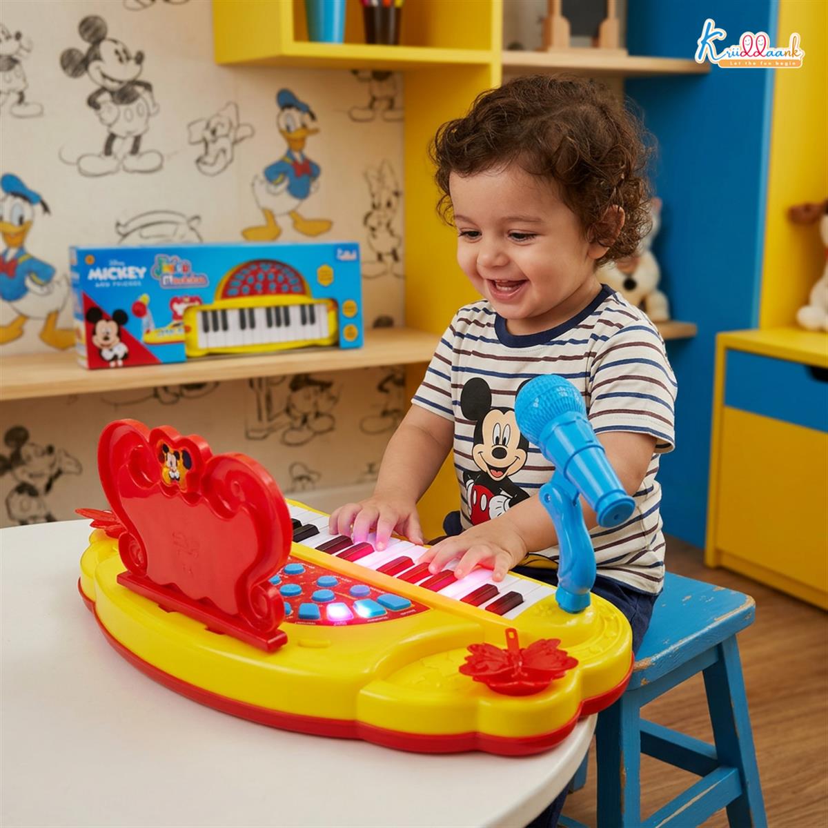 Mickey Mouse Theme Junior Musician Piano & Drum Set for Kids | Karaoke Microphone, 25 Songs & MP3 Connectivity | Early Learning Musical Toy for Toddlers 3+ | USB & Battery Powered (Red)