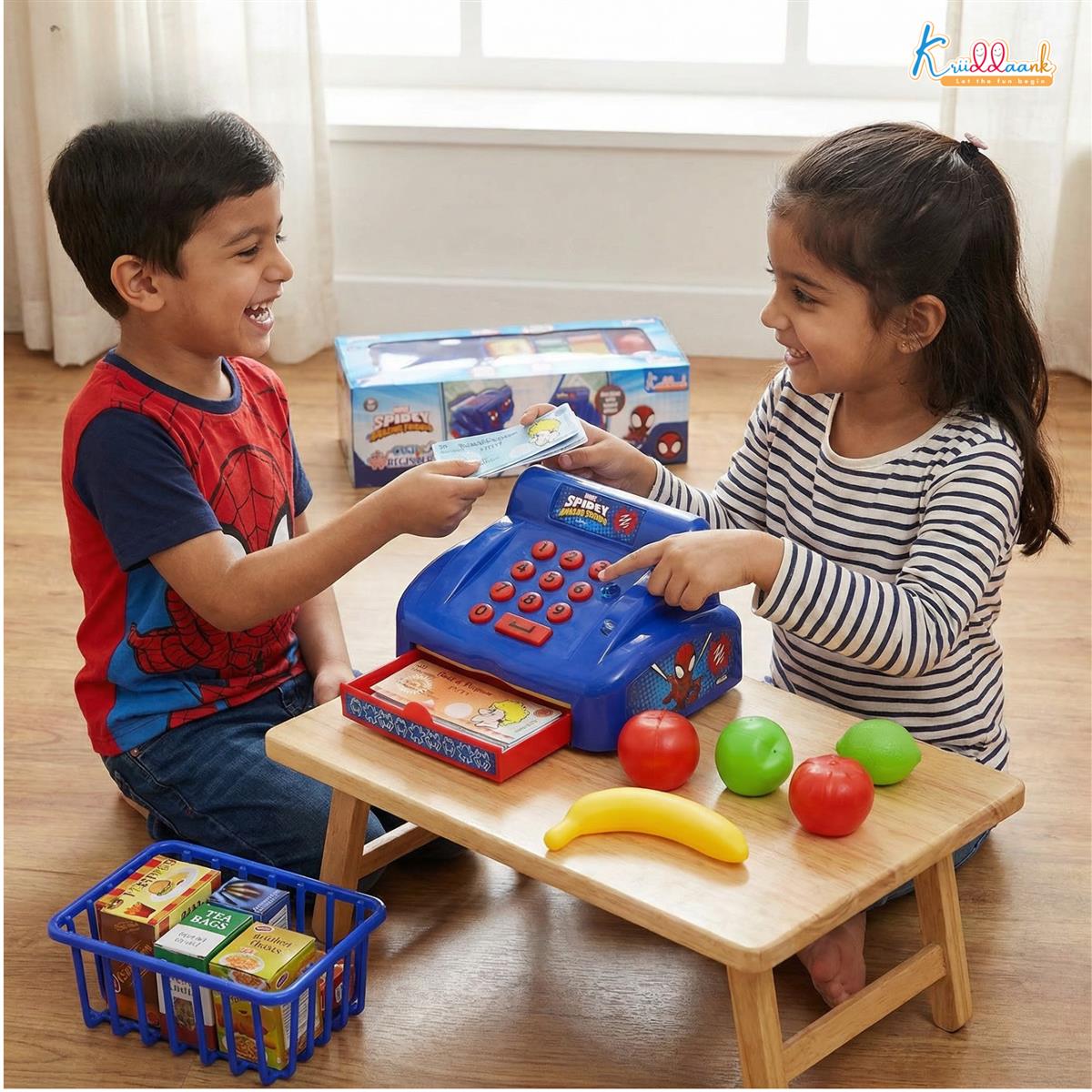Spiderman Cash Register Toy for Kids with Sound Effects & Credit Card Scanner - 29 Piece Pretend Play Supermarket Set - Educational Math & Money Learning Toy for Boys & Girls 3+ Years