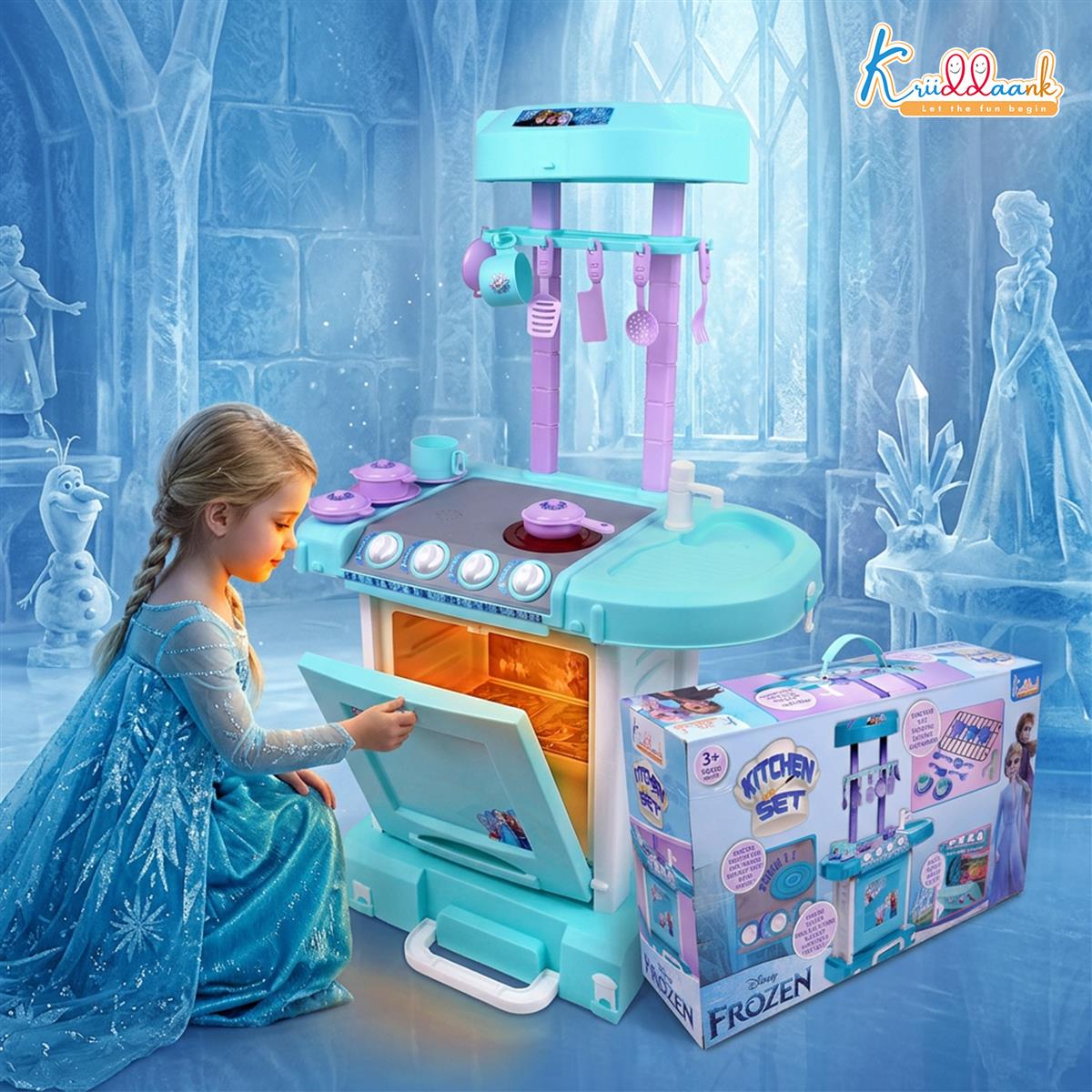 Kriiddaank Frozen Theme Kitchen Set for Kids - Interactive Cooking Playset with Oven, Sink, Lights & Sound - 18 Pcs Chef Accessories, Turkish Blue, Pretend Play Toy for Boys & Girls 3+ Years
