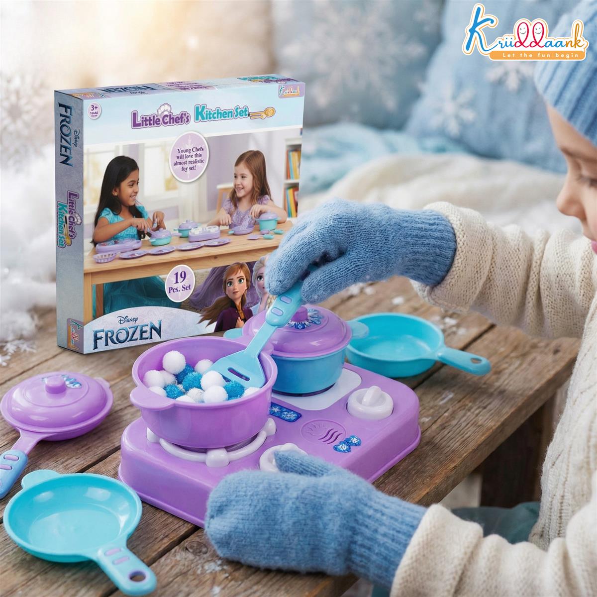 Kriiddaank Frozen Little Chef Kitchen Set for Kids - 19 Pcs Princess Theme Pretend Play Cooking Toy Set - Non-Electronic Safe Educational Kitchen Toys for Girls & Boys Ages 3+ Years