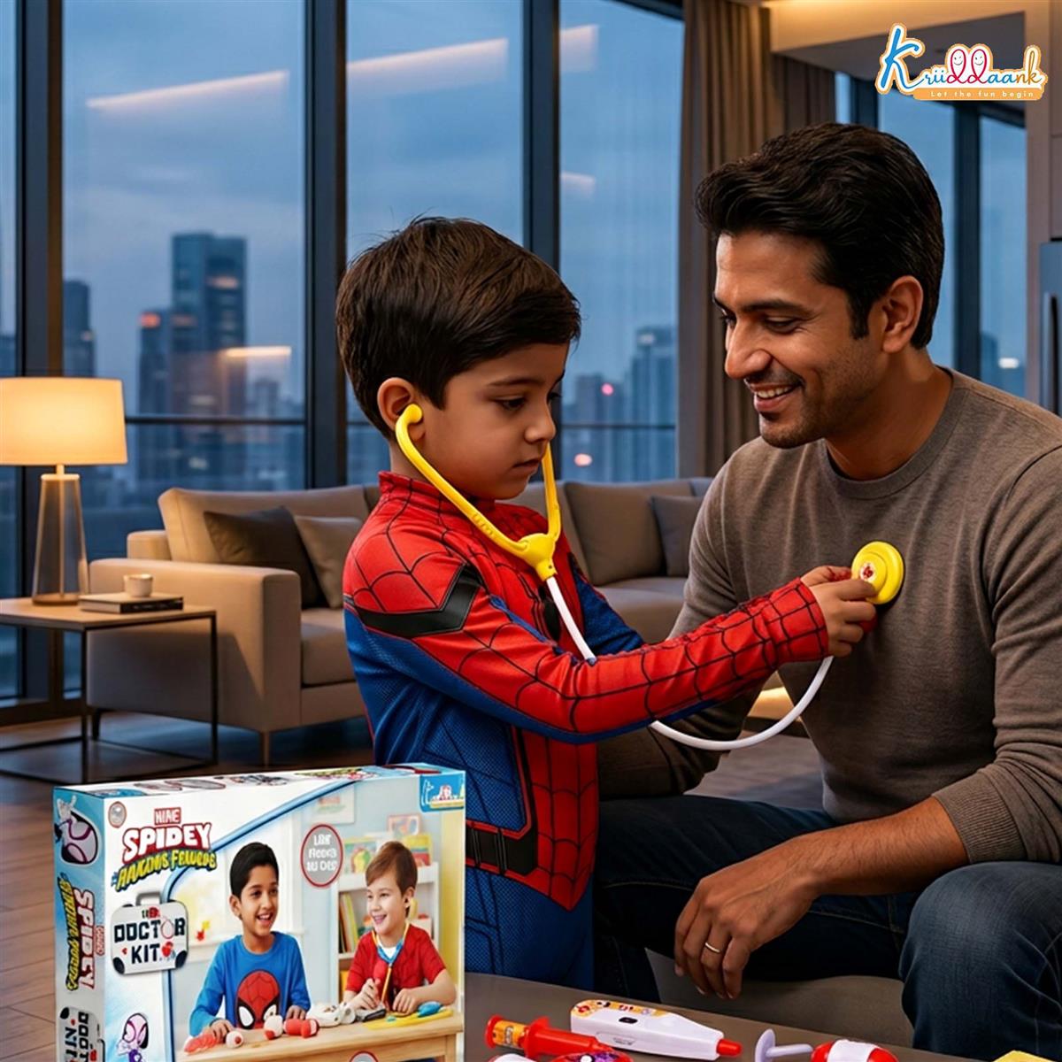 Kriiddaank Spiderman Doctor Kit for Kids, 8-Piece Blue Medical Role Play Set, Superhero Pretend Play Physician Set with Stethoscope, Reflex Hammer & Syringe, Educational Toys for Kids 3+ Years