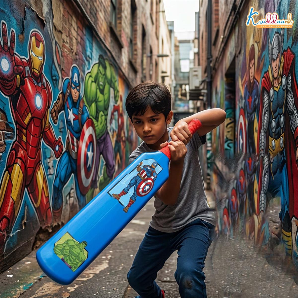 Kriiddaank Avengers Master Blaster Cricket Bat & Ball Set for Kids 3+ Years | Lightweight Plastic Superhero Theme Bat with Comfort Grip | Indoor & Outdoor Sports Play Kit for Boys & Girls