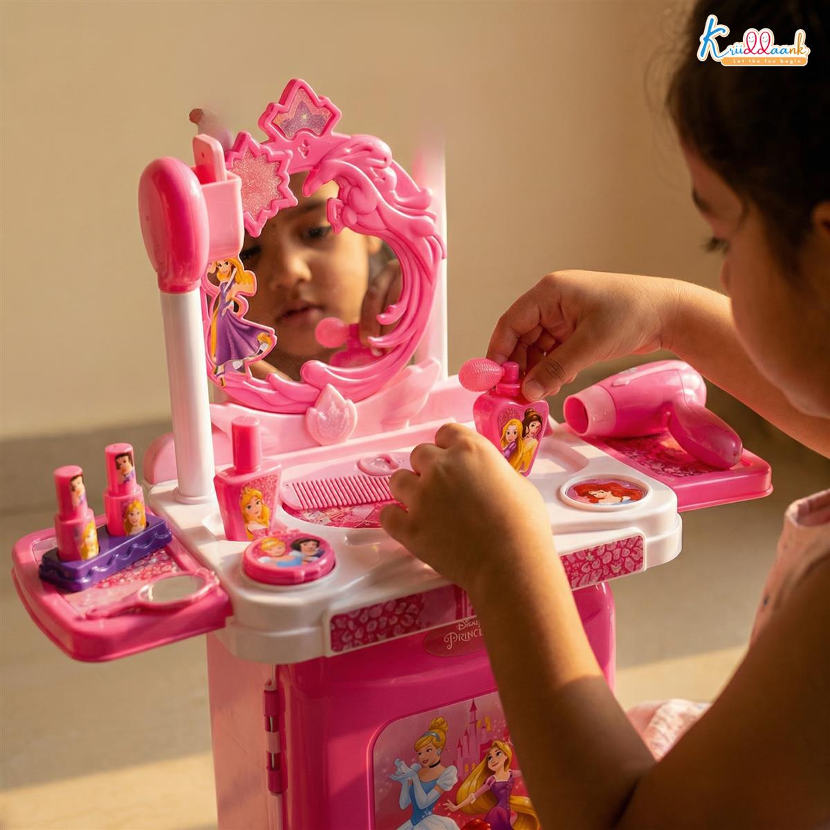 Kriiddaank Disney Princess Dressing Set & Beauty Makeup Kit with Trolley for Girls - 15 Pcs Pretend Play Toy with Music, Lights & Sound - Safe, Interactive Styling Kit for Kids Ages 3+