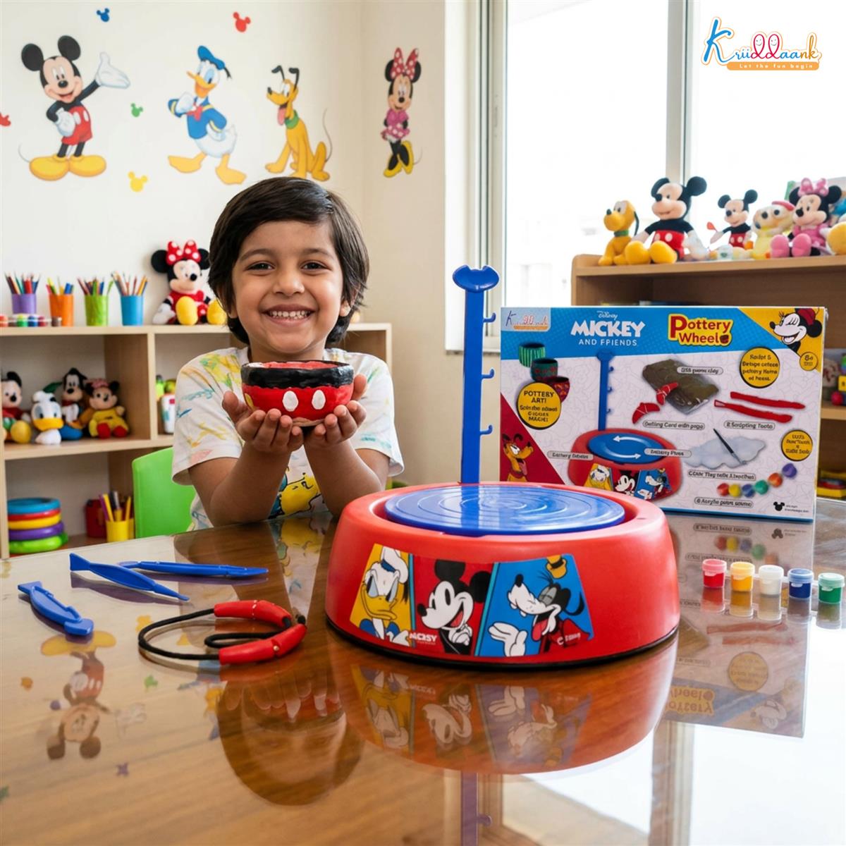 Disney Mickey Mouse Pottery Wheel Modeling Set - Complete Arts & Crafts Clay Sculpting Kit with 800g Clay, Paints & Tools - Educational DIY Gift for Boys & Girls 8+ Years - Battery Operated