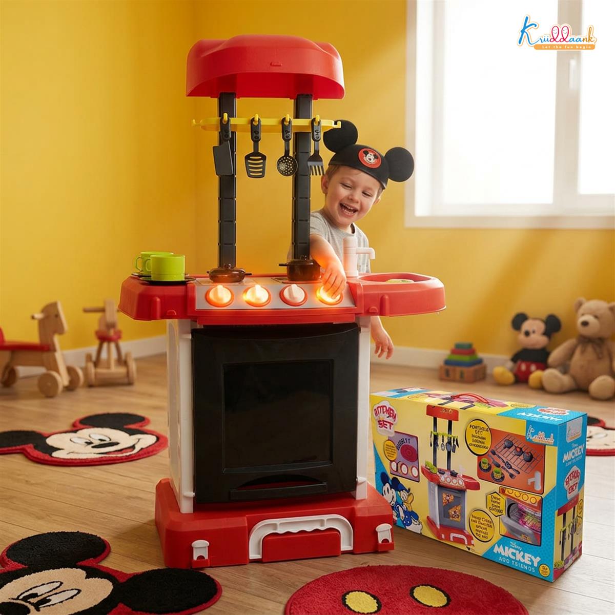 Kriiddaank Mickey Mouse Themed Kitchen Set for Kids - Portable Disney Pretend Play Cooking Toy with Oven, Gas Stove, Sink, Lights & Sound - Includes 18 Accessories - Ideal Gift for Ages 3+