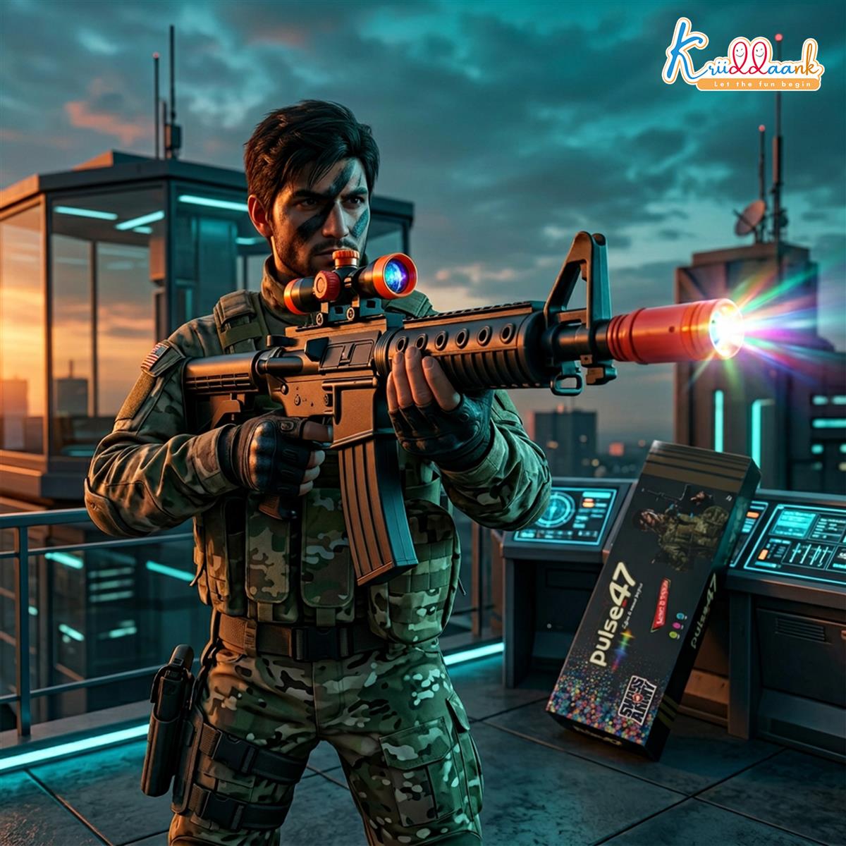 Kriiddank AK-47 Style Toy Rifle - Realistic Battery Operated Soft Bullet Blaster with Lights, Sound & Bayonet - Safe Action Shooting Playset for Kids 3+ Years, Multicolor
