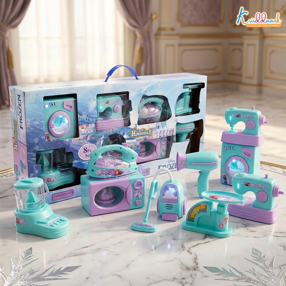 Frozen Theme 8-Piece Household Role Play Toy Set for Kids - Interactive Home Appliances Kit including Washing Machine, Vacuum, Microwave & Sewing Machine - Educational Pretend Play for Ages 3+