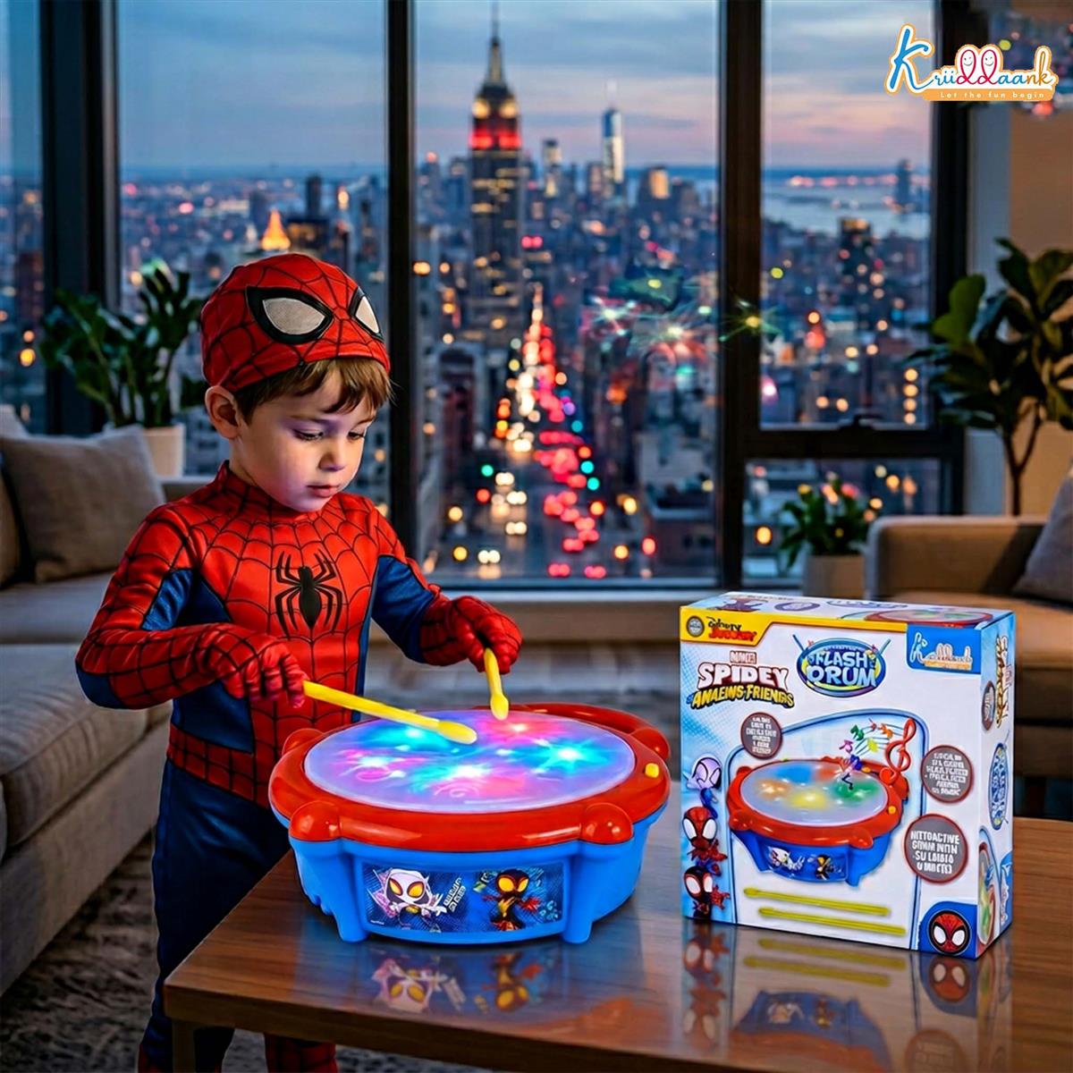 Marvel Spiderman Theme Flash Drum for Kids - Interactive Musical Toy with 5-Color 3D Lights & 9 Songs - Superhero Gift for Boys & Girls 3+ Years - Safe, Educational & Engaging Play