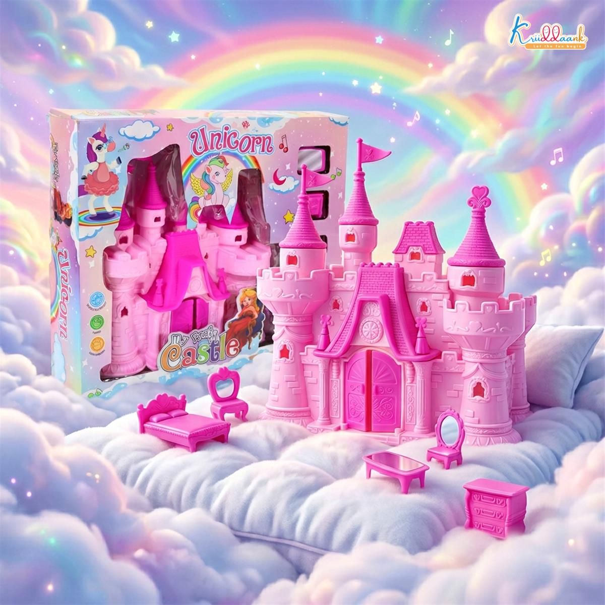 Portable Royal Castle Playset Unicorn Theme for Girls with Dollhouse Furniture, Mini Princess House Toy with Accessories, Educational Gift for Kids 3+ Years Old, Travel-Friendly & Safe