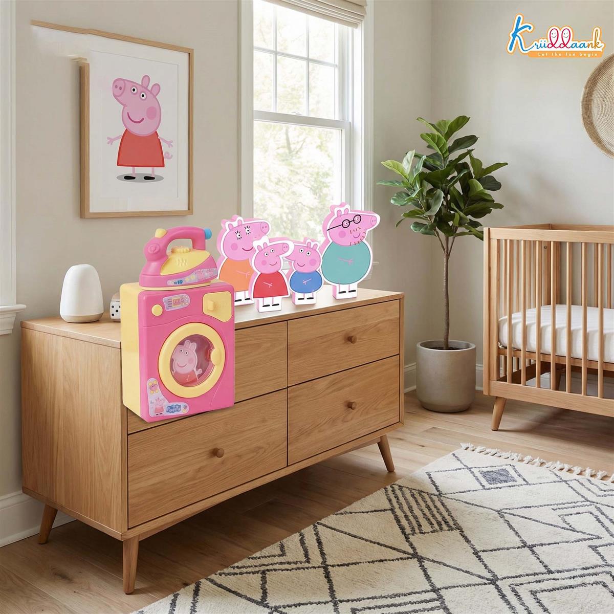 Kriiddaank Peppa Pig Household Set - Washing Machine and Iron Toy with 2D Family Figures George Mummy Daddy Pig, Pretend Play Laundry Set for Preschool Kids Ages 3+, 6 Pieces