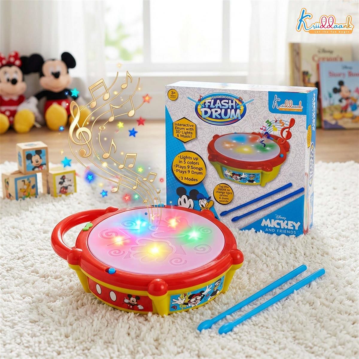 Disney Mickey Mouse Flash Drum Musical Toy for Kids - Interactive 3D Lights, 9 Songs & 9 Drum Sounds, 3 Play Modes - Educational Musical Instrument for Toddlers 3+ Years