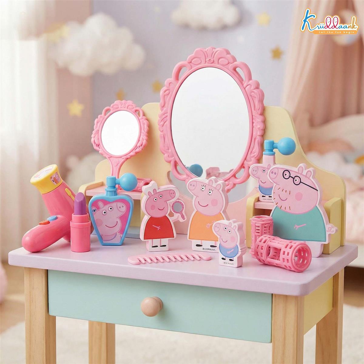Kriiddaank Peppa Pig Dressing Table Set - 17 Pcs Beauty & Makeup Playset with 2D Family Figures (Peppa, George, Mummy & Daddy Pig) - Preschool Toy for Kids Ages 3+ - Multicolor