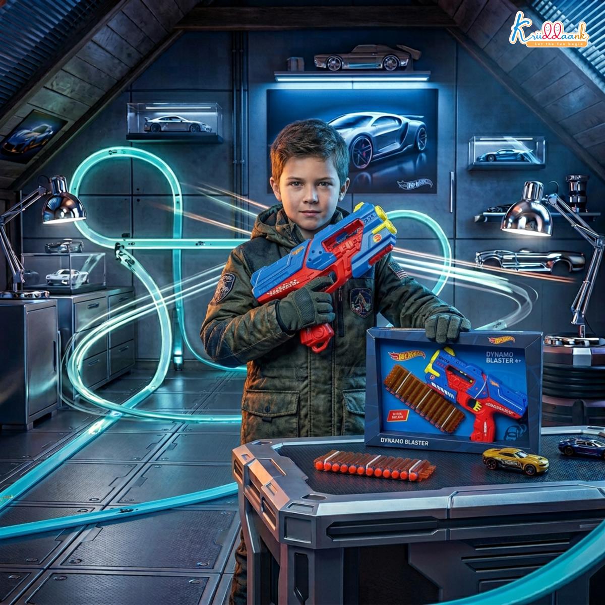 Hot Wheels Dynamo Blaster Toy Gun with 22 Soft Foam Bullets & 12-Dart Cartridge, Long Range Action-Packed Blaster for Kids, Safe & Interactive Play, Blue, Ages 4+