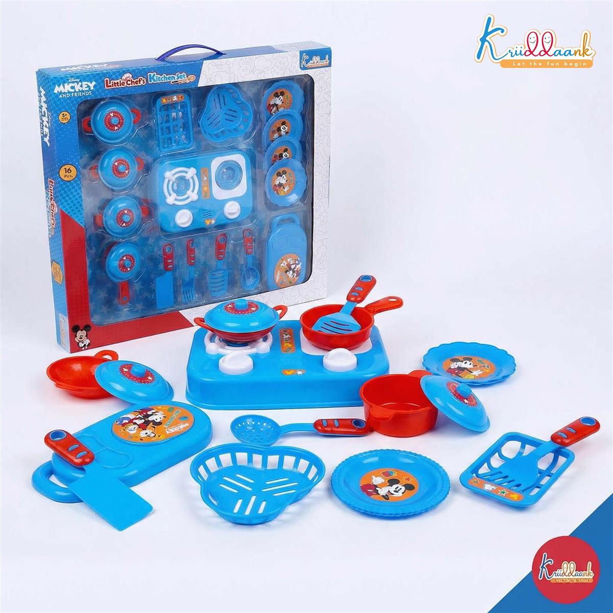 Kriiddaank Mickey Mouse Little Chef's Kitchen Set - 16 Pcs Pretend Play Cooking Set with Lights & Sounds, Portable Electric Stove Playset for Kids Aged 3+ Years