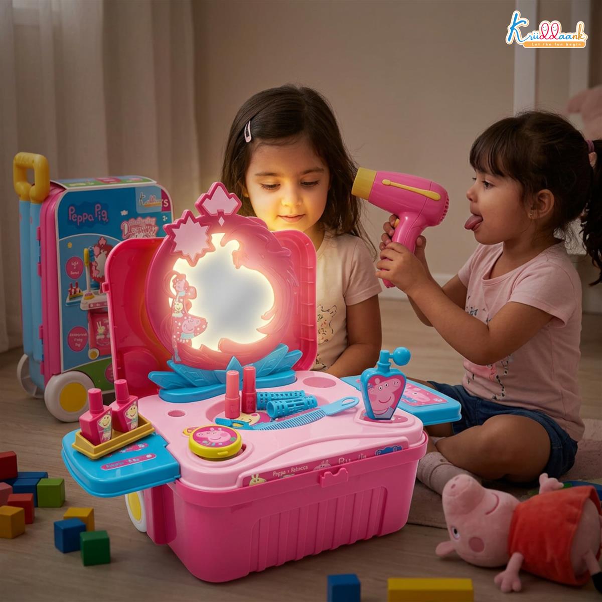 Kriiddaank Peppa Pig Dressing Set & Makeup Trolley Kit for Girls, 15 Pcs Pretend Play Beauty Set with Music & Lights, Educational Role Play Toy for Kids 3+ Years (Pink)
