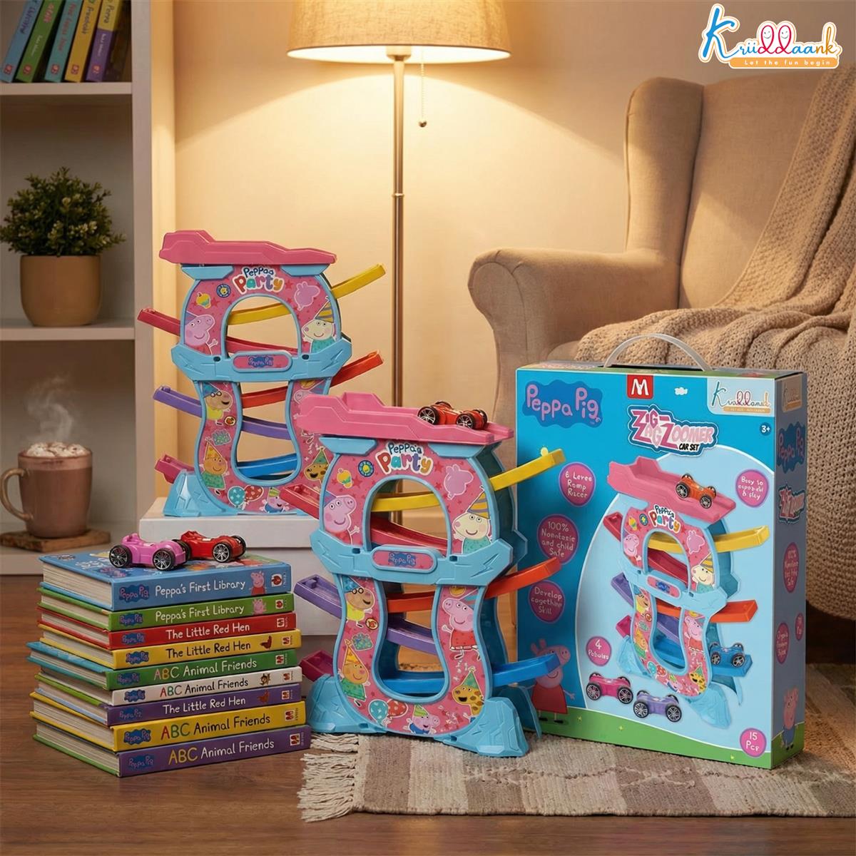 Peppa Zig Zag Zoomer Ramp Racer Car Track for Toddlers | 6-Level Racing Set with 4 Mini Vehicles | 15 Pieces Easy Assembly | Non-Toxic Educational Toy for Kids 3+ Years