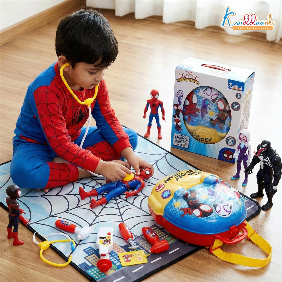 Spiderman Battery Operated Doctor Suitcase Play Kit for Kids 3+ Years - 2-in-1 Backpack Medical Set with Light & Sound Stethoscope, 8 Realistic Pieces, Pretend Play Roleplay Toy for Boys - Blue