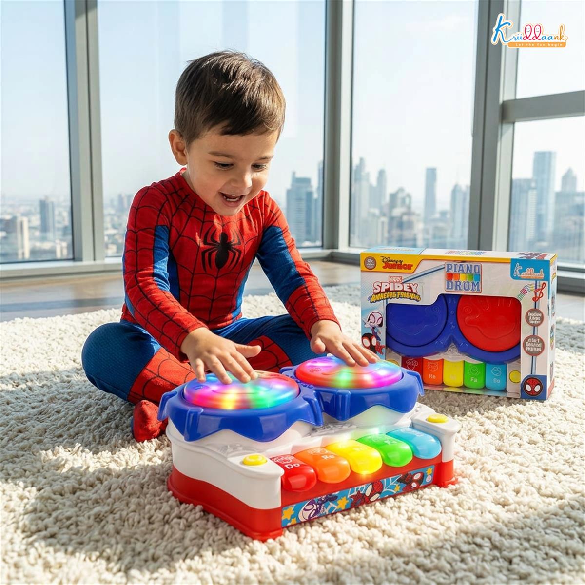 Spiderman Theme 2-in-1 Drum and Piano Music Toy for Kids - Interactive Musical Instrument Kit with 3D Lights & Sound, Educational Superhero Gift for Boys and Girls Ages 3+