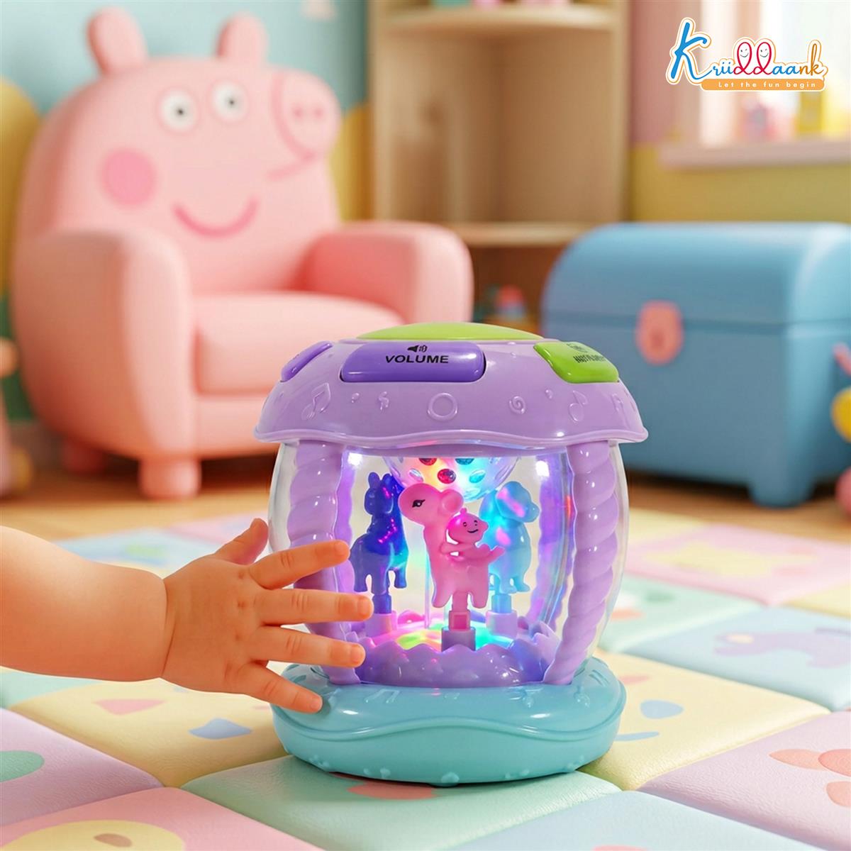 Kriiddaank Rotating Drum Musical Toy for Kids 3+ Years - Interactive Musical Instrument with Nursery Rhymes, Projection Lights, USB Charging, & Motor Skill Development - Multicolor