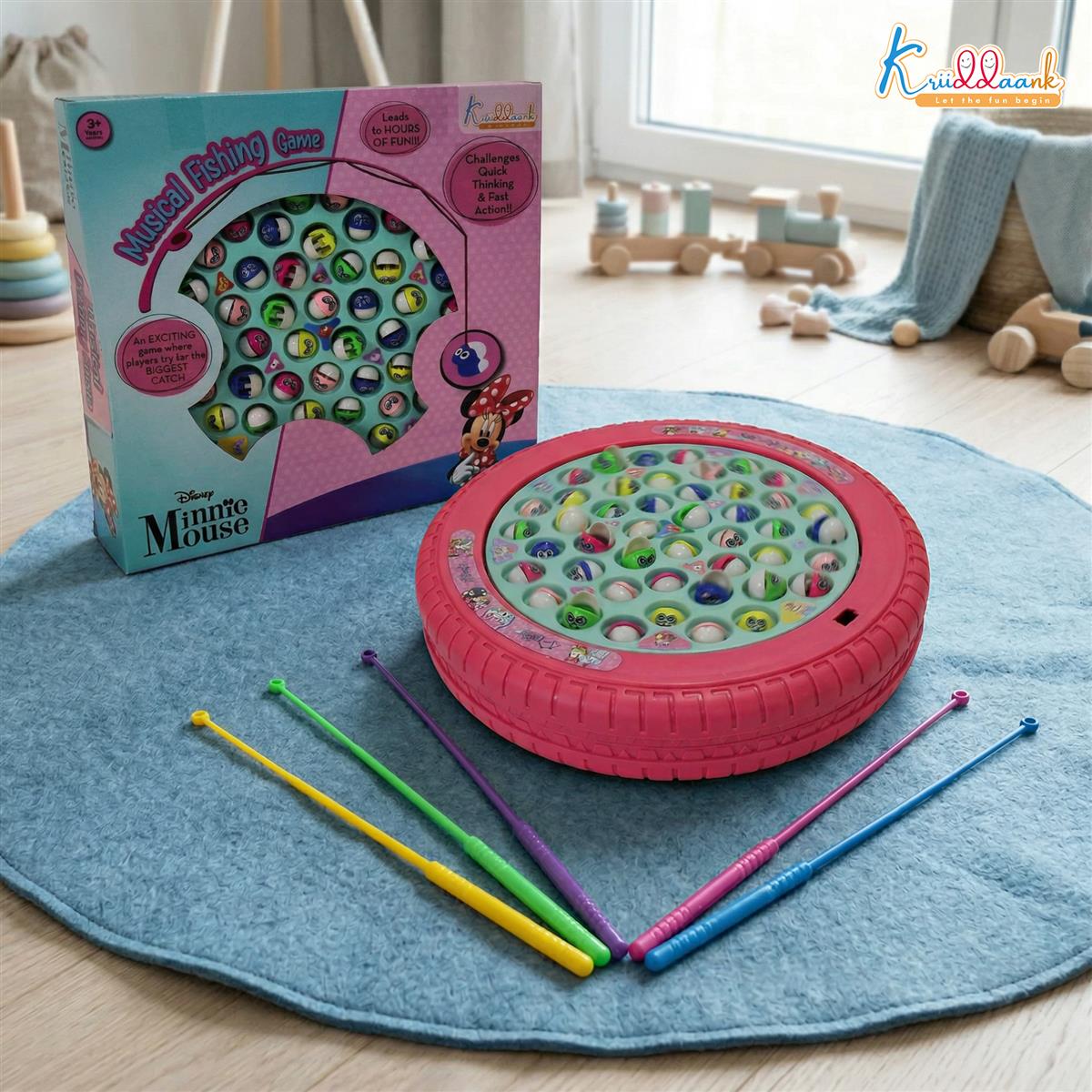 Kriiddaank Minnie Mouse Musical Fishing Game - Rotating Battery Operated Pond with 21 Fish & 4 Fishing Poles - Pink Educational & Interactive Toy for Kids and Toddlers Ages 3+
