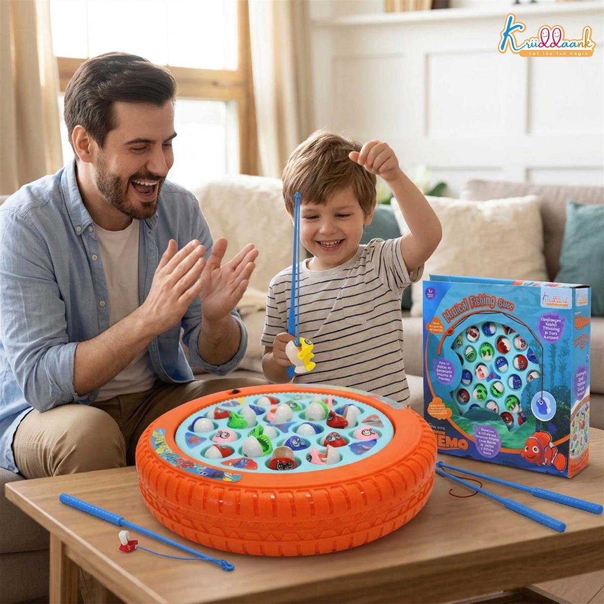 Kriiddaank Nemo Theme Musical Fishing Game - Battery Operated Rotating Board with 21 Fishes & 4 Fishing Poles - Educational & Interactive Learning Toy for Kids Ages 3+ (Multicolor)