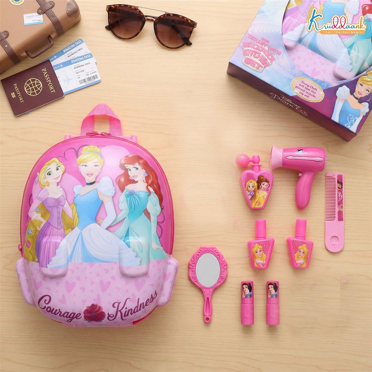 Disney Princess 2-in-1 Backpack Dressing Table & Trolley Gift Set for Kids - 13 Pcs Pretend Play Makeup Kit with Electronic Dryer - Portable Vanity Toy for Girls Age 3+
